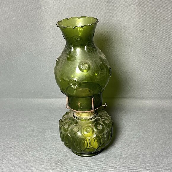Vintage Green  LE Smith Moon and Stars Glass Oil Lamp Base & Chimney-READ - Picture 4 of 12